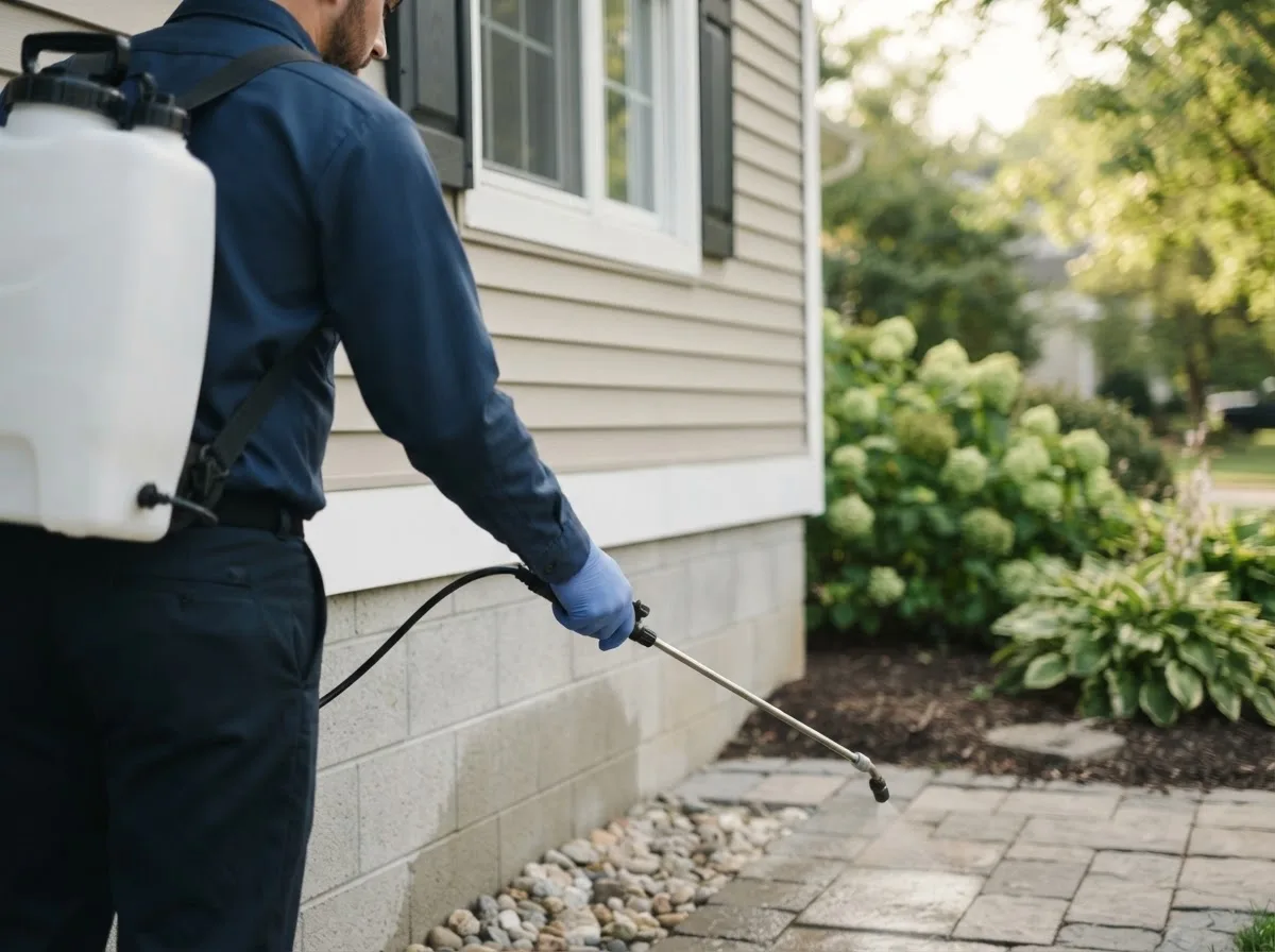 Pest control technician inspecting a home in South Bloomingville, OH